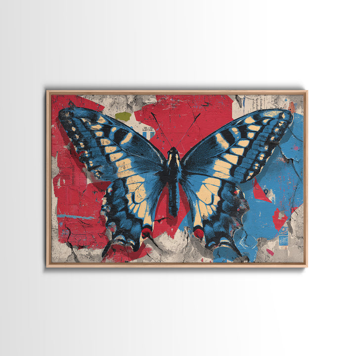Spray Painted Butterfly on Cracked Concrete Framed Canvas Print, Street Art, Artwork, Living Room Decor, Fine Art, Urban, STR-3x2-99