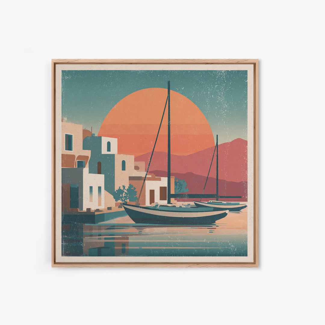 Greek Island Sailboat and Sun Poster Framed Canvas Print, Travel Poster(2), Luxury Decor, Living Room Decor, Fine Art, Voyage, TPO-1x1-40