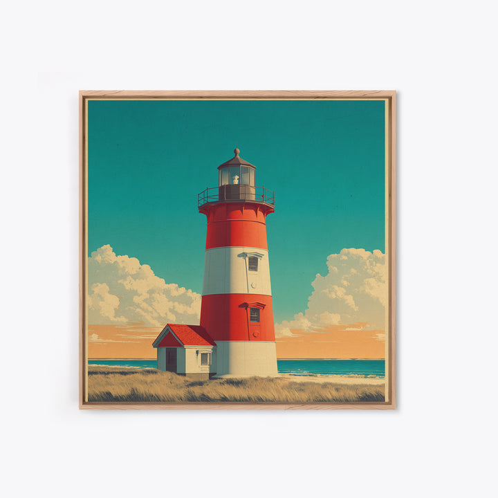 Cape Cod Lighthouse Summer Poster Framed Canvas Print, Travel Poster(2), Mid Century Wall Art, Living Room Decor, Voyage, TPO-1x1-42
