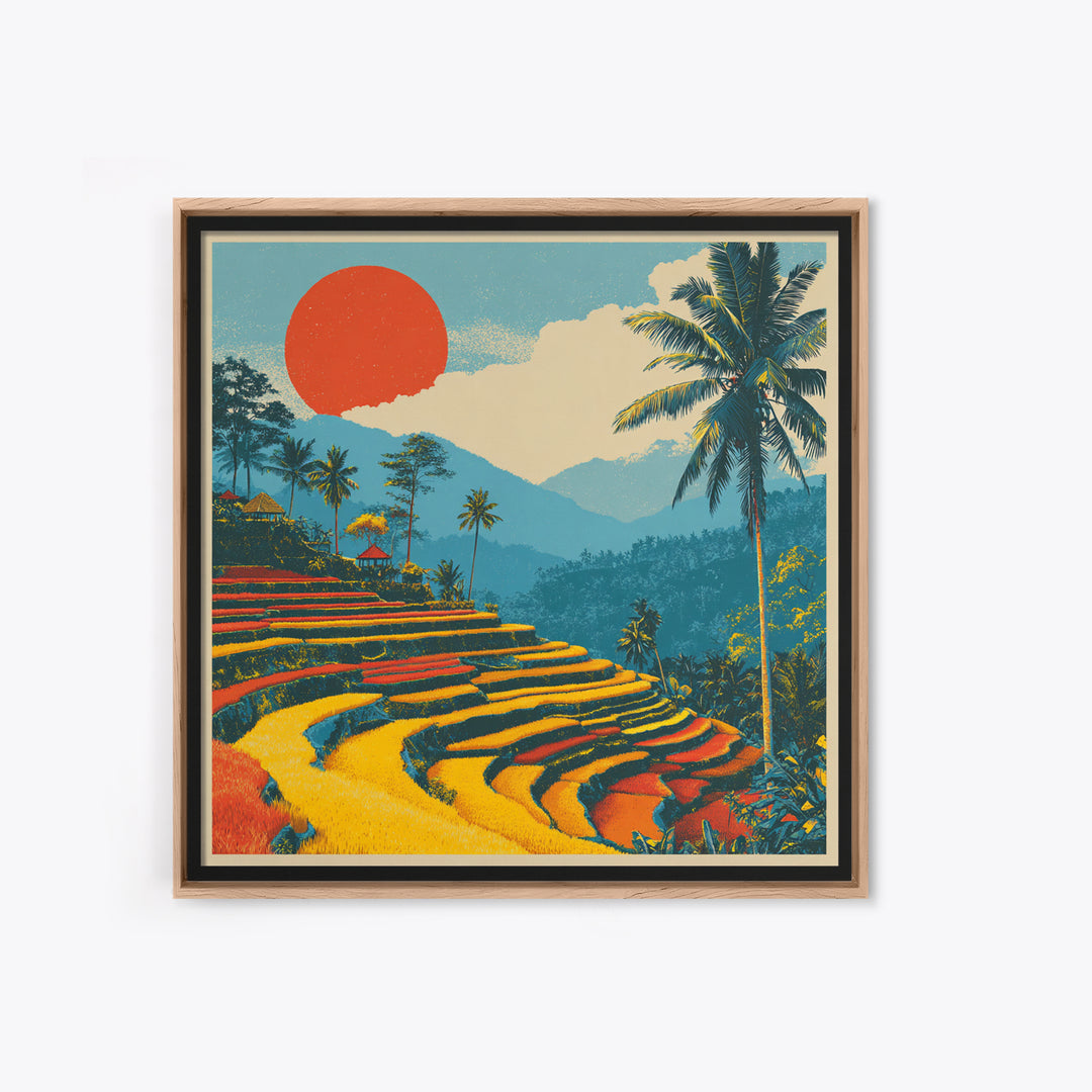 Bali Rice Terraces and Jungle Palms Framed Canvas Print, Travel Poster(2), Retro Poster, Living Room Decor, Fine Art, Voyage, TPO-1x1-61