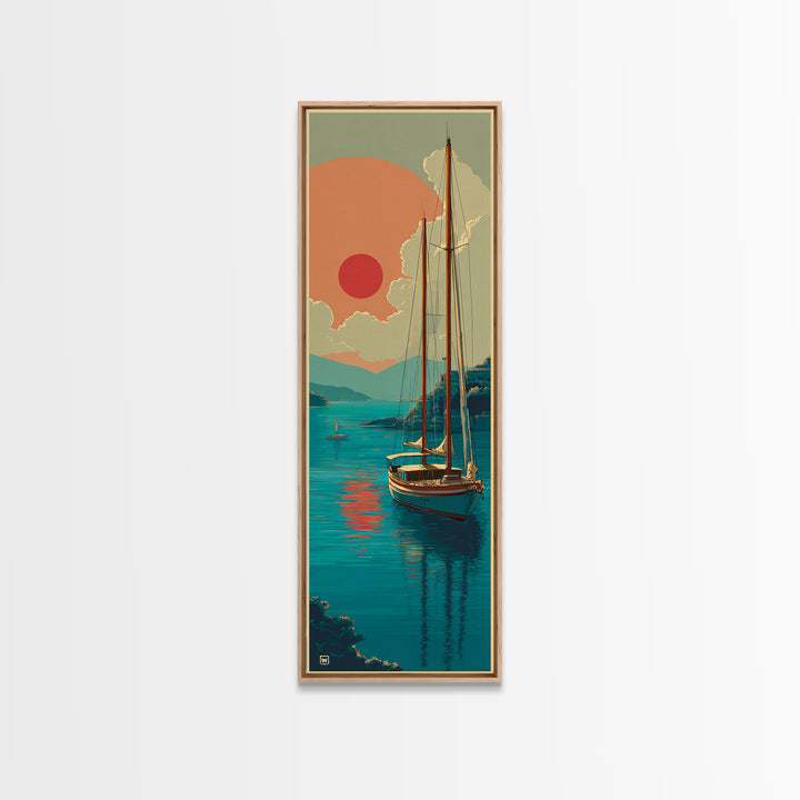 Greek Island Sailboat and Sun Poster Framed Canvas Print, Travel Poster(2), Modern Decor, Living Room Decor, Fine Art, Voyage, TPO-1x3-4