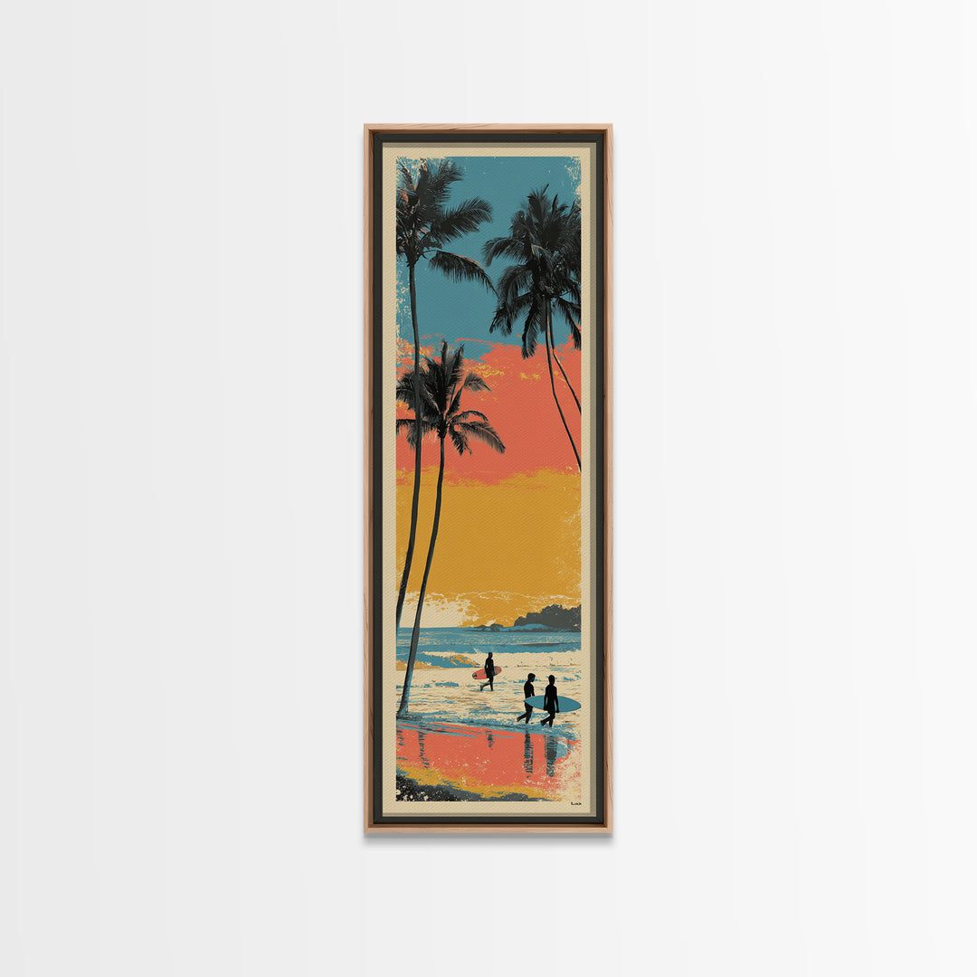 Hawaii Surf and Palm Tree Poster Framed Canvas Print, Travel Poster(2), Boho Decor, Living Room Decor, Fine Art, Voyage, TPO-1x3-45