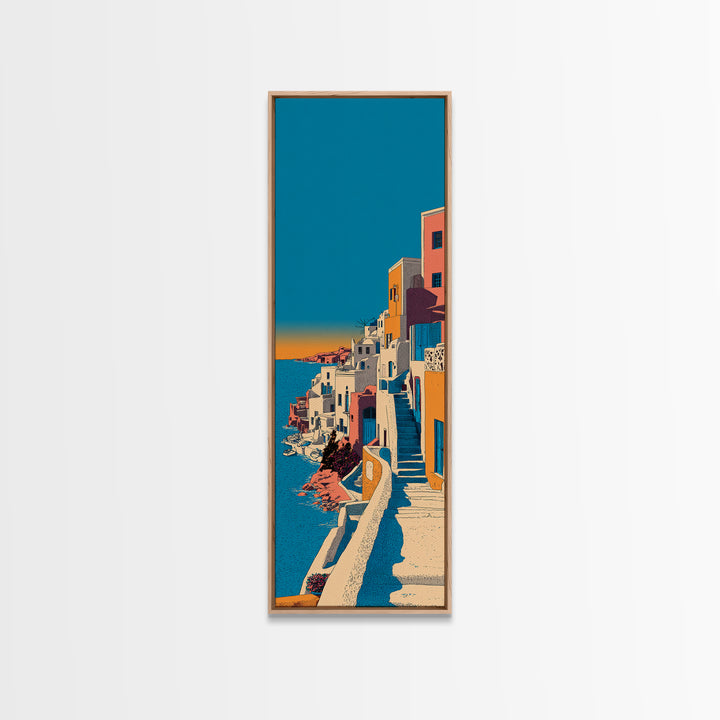 Santorini White Buildings and Cobalt Water Framed Canvas Print, Travel Poster(2), Digital Print, Living Room Decor, Voyage, TPO-1x3-64
