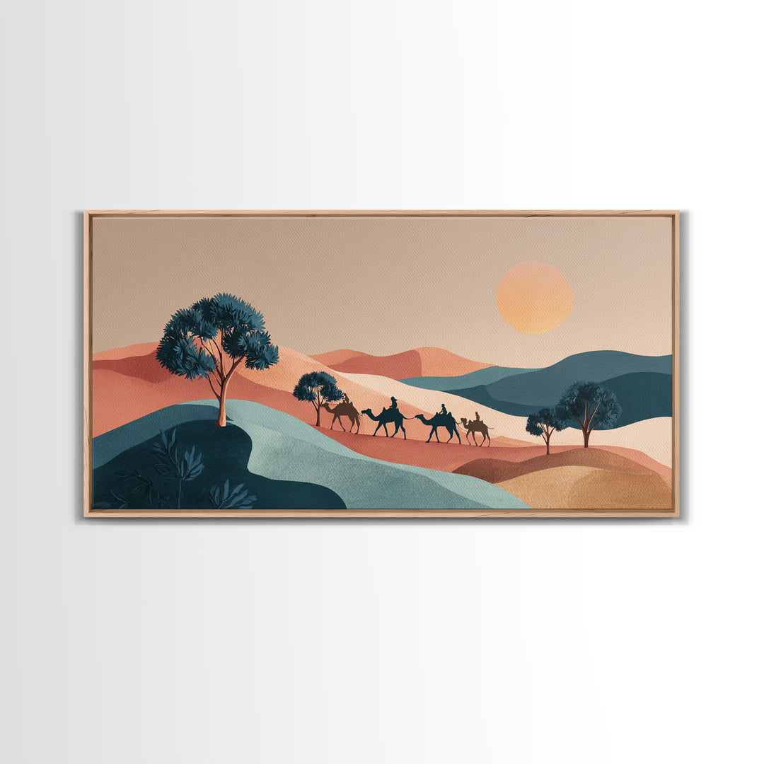 Moroccan Desert Caravan Travel Poster Framed Canvas Print, Travel Poster(2), Printable Art, Living Room Decor, Oil Painting, TPO-2x1-3