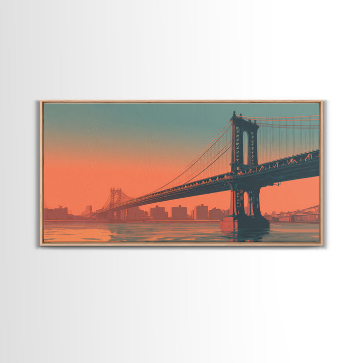 New York Bridge at Sunrise Framed Canvas Print, Travel Poster(2), Minimalist Decor, Living Room Decor, Fine Art, Voyage, TPO-2x1-50