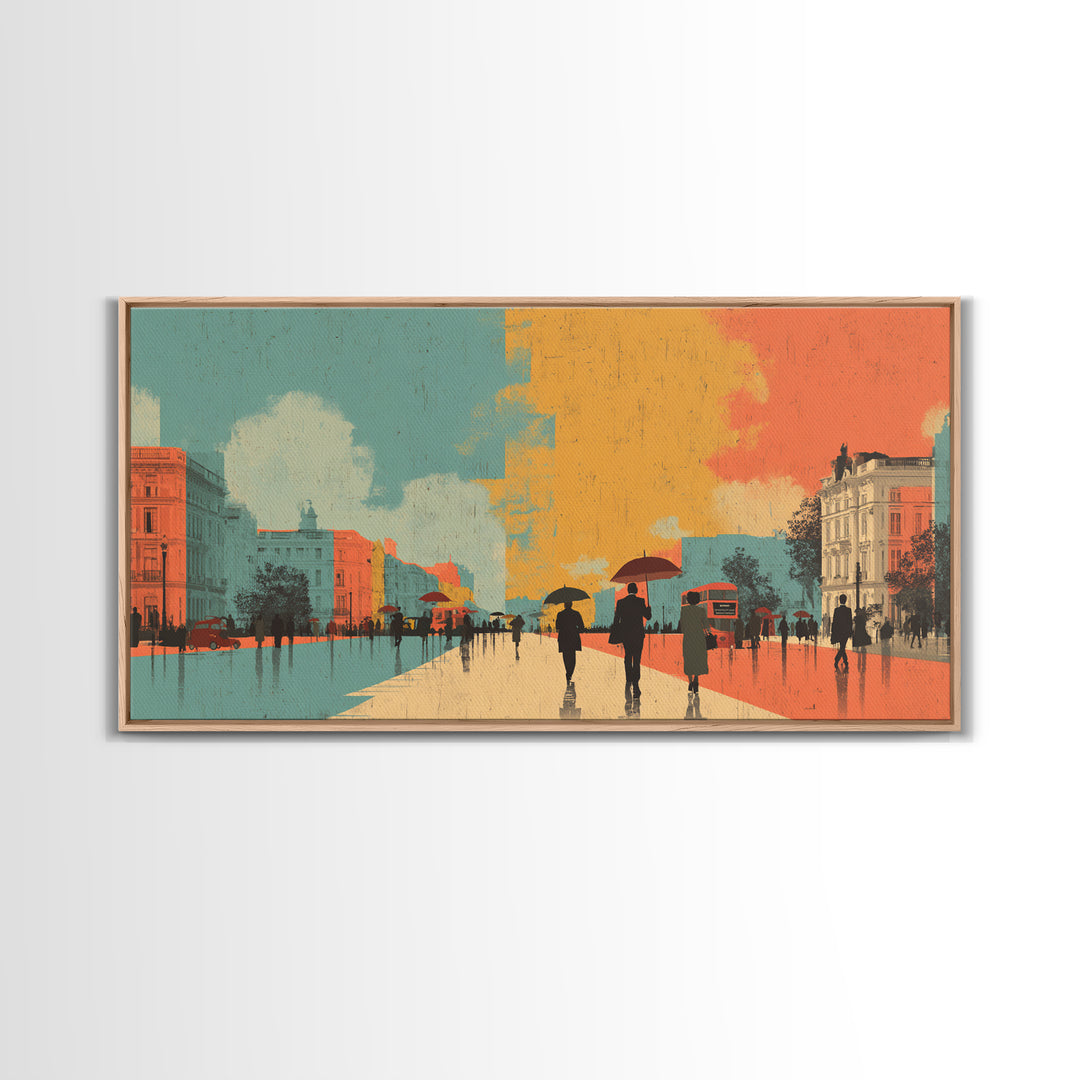 London Rainy Street Umbrella Graphic Canvas Print, Travel Poster(2), Contemporary Art, Living Room Decor, Fine Art, Voyage, TPO-2x1-54