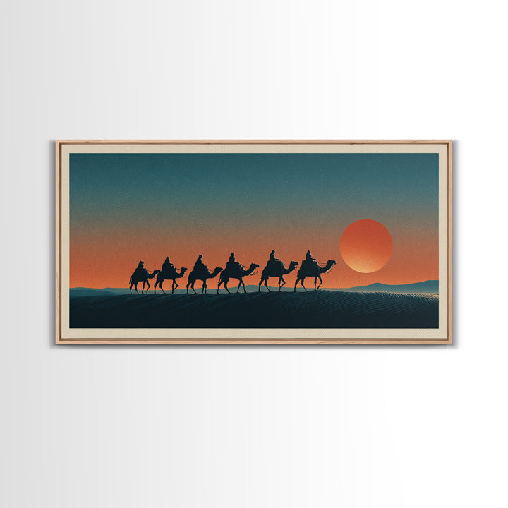 Moroccan Desert Caravan Travel Poster Framed Canvas Print, Travel Poster(2), Statement Artwork, Living Room Decor, Voyage, TPO-2x1-75
