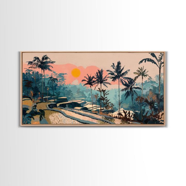 Bali Rice Terraces and Jungle Palms Framed Canvas Print, Travel Poster(2), Wall Hanging, Living Room Decor, Fine Art, Voyage, TPO-2x1-81