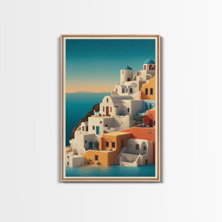 Santorini White Buildings and Cobalt Water Framed Canvas Print, Travel Poster(2), Landscape Art, Living Room Decor, Voyage, TPO-2x3-36