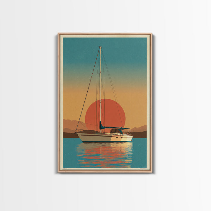 Greek Island Sailboat and Sun Poster Framed Canvas Print, Travel Poster(2), Statement Artwork, Living Room Decor, Voyage, TPO-2x3-48