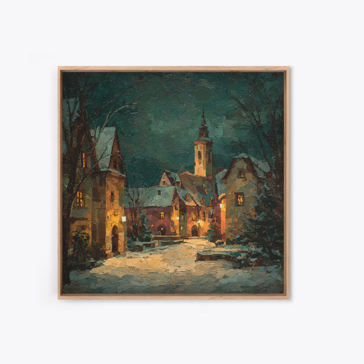 Snowy Village Landscape at Twilight Canvas Print, Traditional Art, Printable Art, Living Room Decor, Watercolor Art, Classic, TRA-1x1-19
