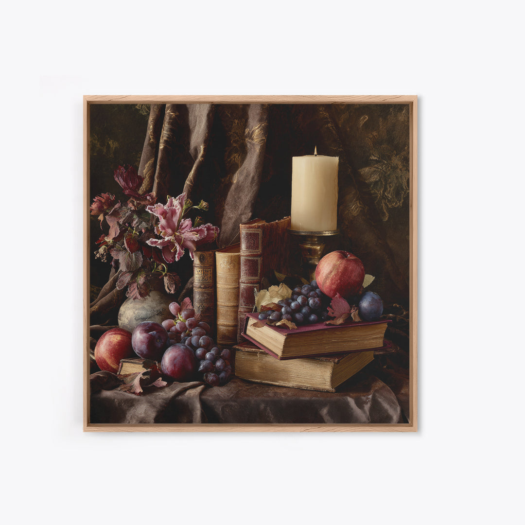Still Life of Books Candle and Fruit Canvas Print, Traditional Art, Painting, Living Room Decor, Classic, Art Commissions, TRA-1x1-20