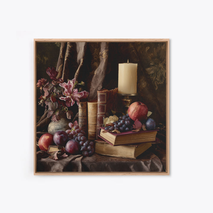 Still Life of Books Candle and Fruit Canvas Print, Traditional Art, Painting, Living Room Decor, Classic, Art Commissions, TRA-1x1-20