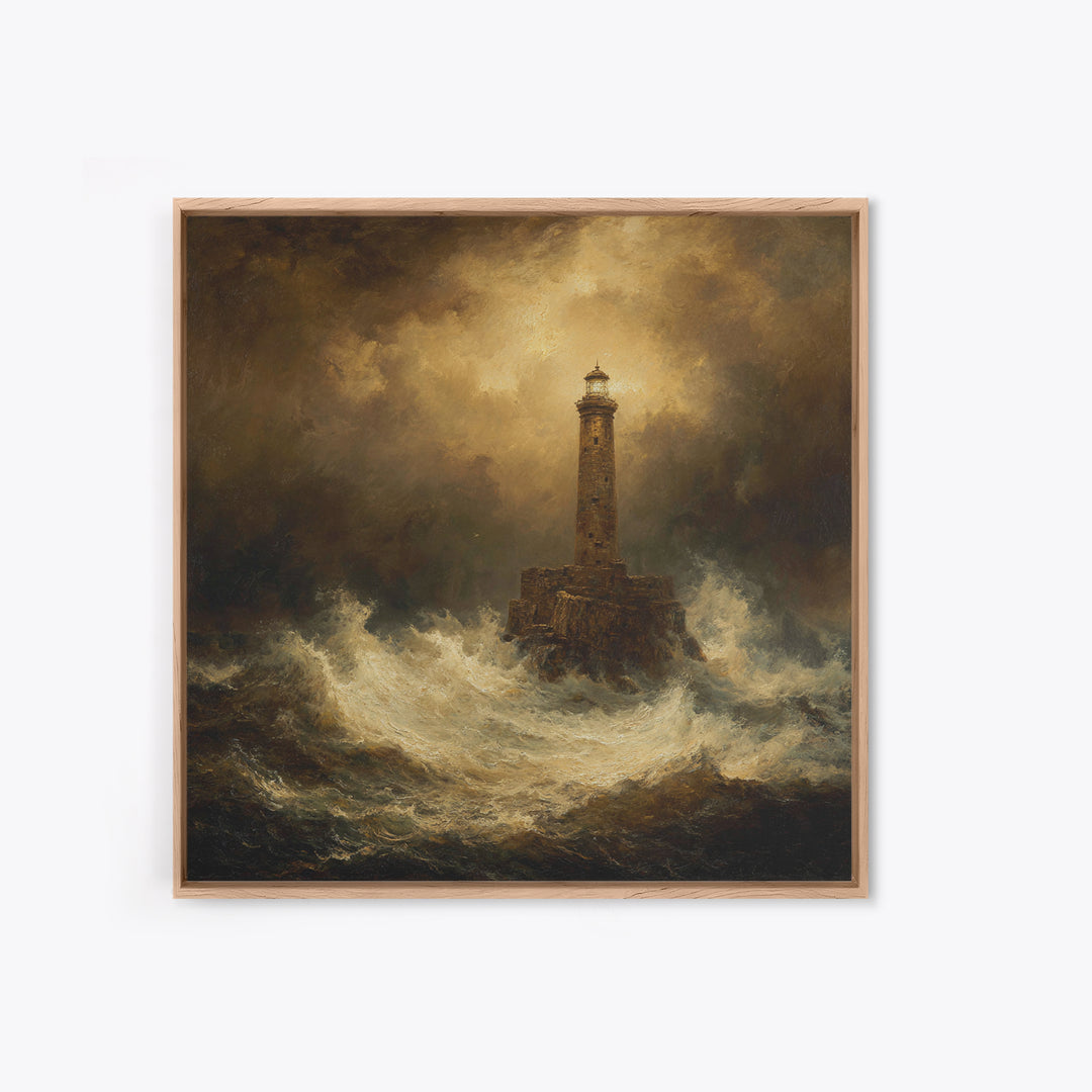 Lighthouse with Crashing Waves Framed Canvas Print, Traditional Art, Neutral Decor, Living Room Decor, Fine Art, Classic, TRA-1x1-21