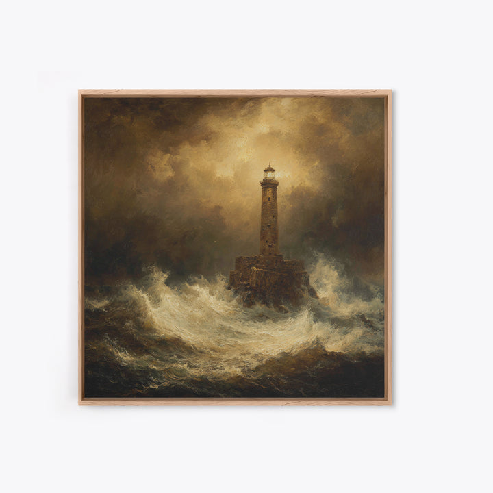 Lighthouse with Crashing Waves Framed Canvas Print, Traditional Art, Neutral Decor, Living Room Decor, Fine Art, Classic, TRA-1x1-21
