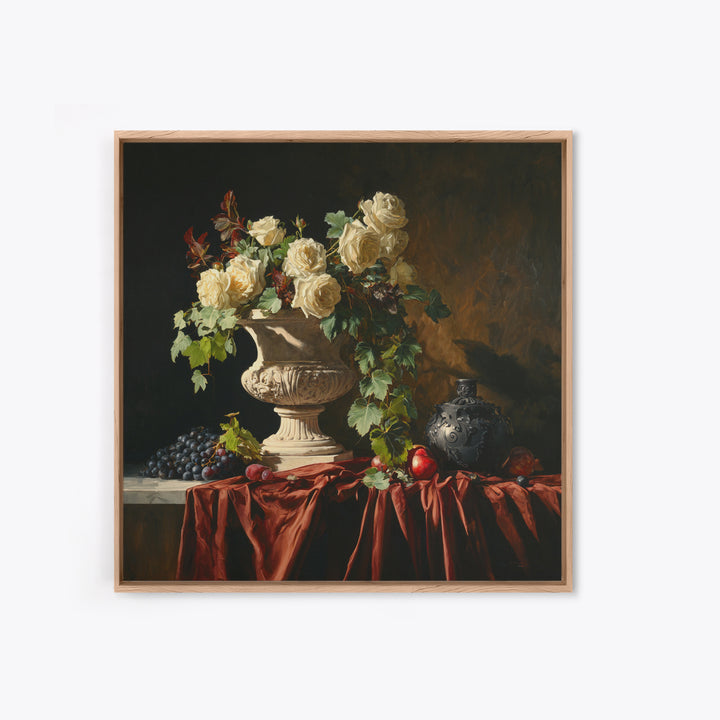 Garden Urn with Roses and Ivy Framed Canvas Print, Traditional Art, Indian Wall Art, Living Room Decor, Watercolor Art, Classic, TRA-1x1-24