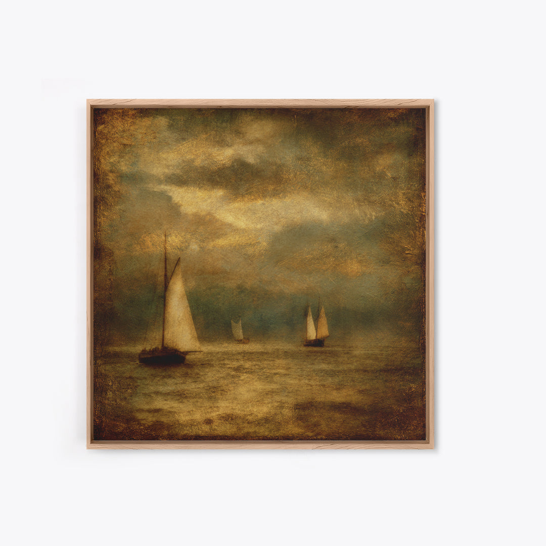 Seascape with Sailboats and Cloudy Sky Framed Canvas Print, Traditional Art, Textured Painting, Living Room Decor, Classic, TRA-1x1-29