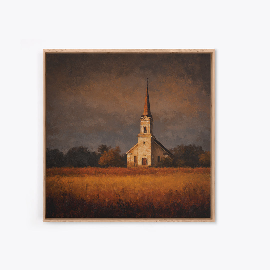 Church Steeple Across Rural Meadow Framed Canvas Print, Traditional Art, Boho Decor, Living Room Decor, Fine Art, Classic, TRA-1x1-37