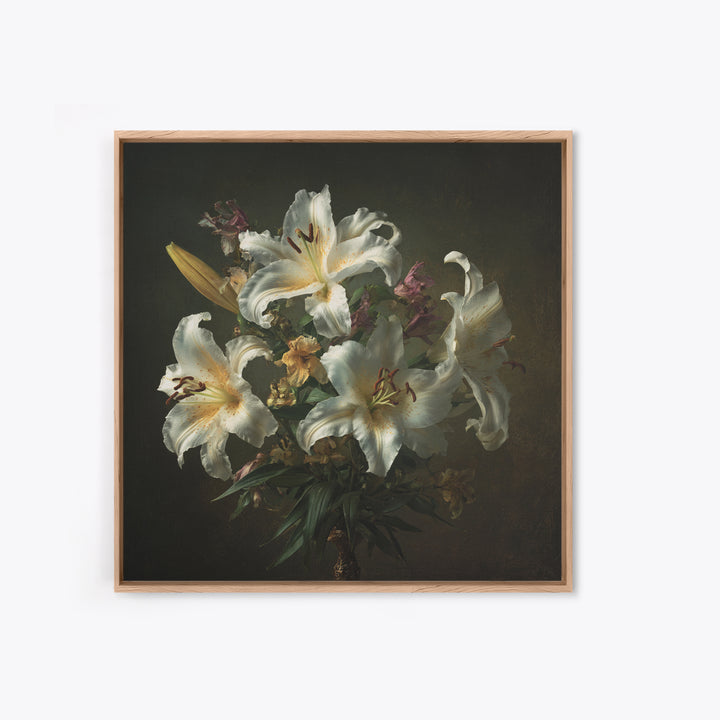 White Lilies on Dark Background Framed Canvas Print, Traditional Art, Custom Art, Living Room Decor, Fine Art, Classic, TRA-1x1-39