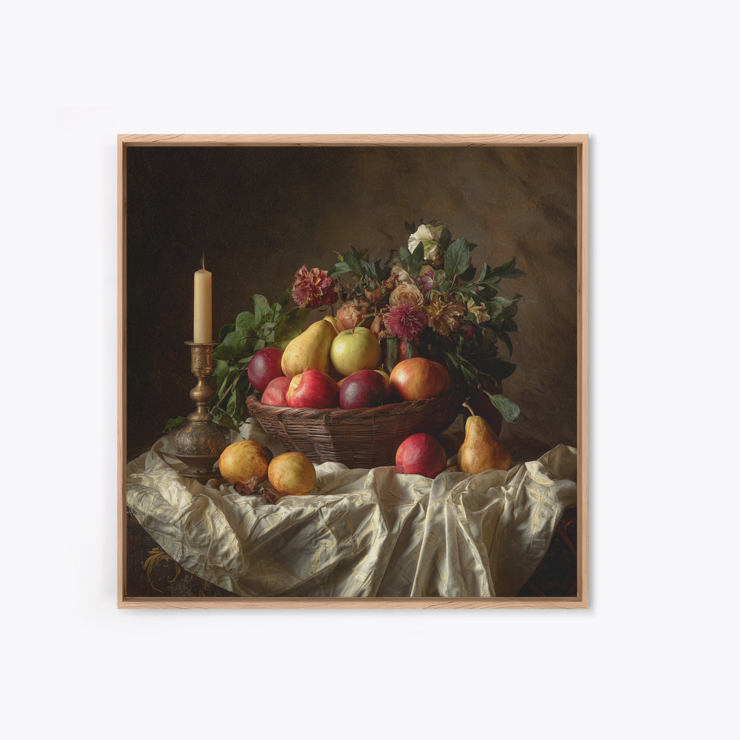 Basket of Apples and Pears on Linen Framed Canvas Print, Traditional Art, Landscape, Living Room Decor, Fine Art, Classic, TRA-1x1-42