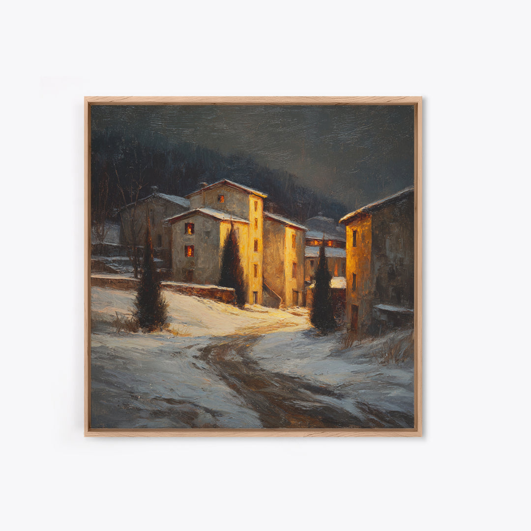Snowy Village Landscape at Twilight Framed Canvas Print, Traditional Art, Furry Art, Living Room Decor, Fine Art, Classic, TRA-1x1-43