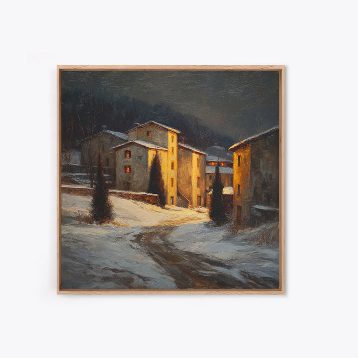 Snowy Village Landscape at Twilight Framed Canvas Print, Traditional Art, Furry Art, Living Room Decor, Fine Art, Classic, TRA-1x1-43
