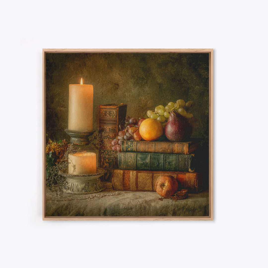 Still Life of Books Candle and Fruit Framed Canvas Print, Traditional Art, Boho, Living Room Decor, Fine Art, Classic, TRA-1x1-44