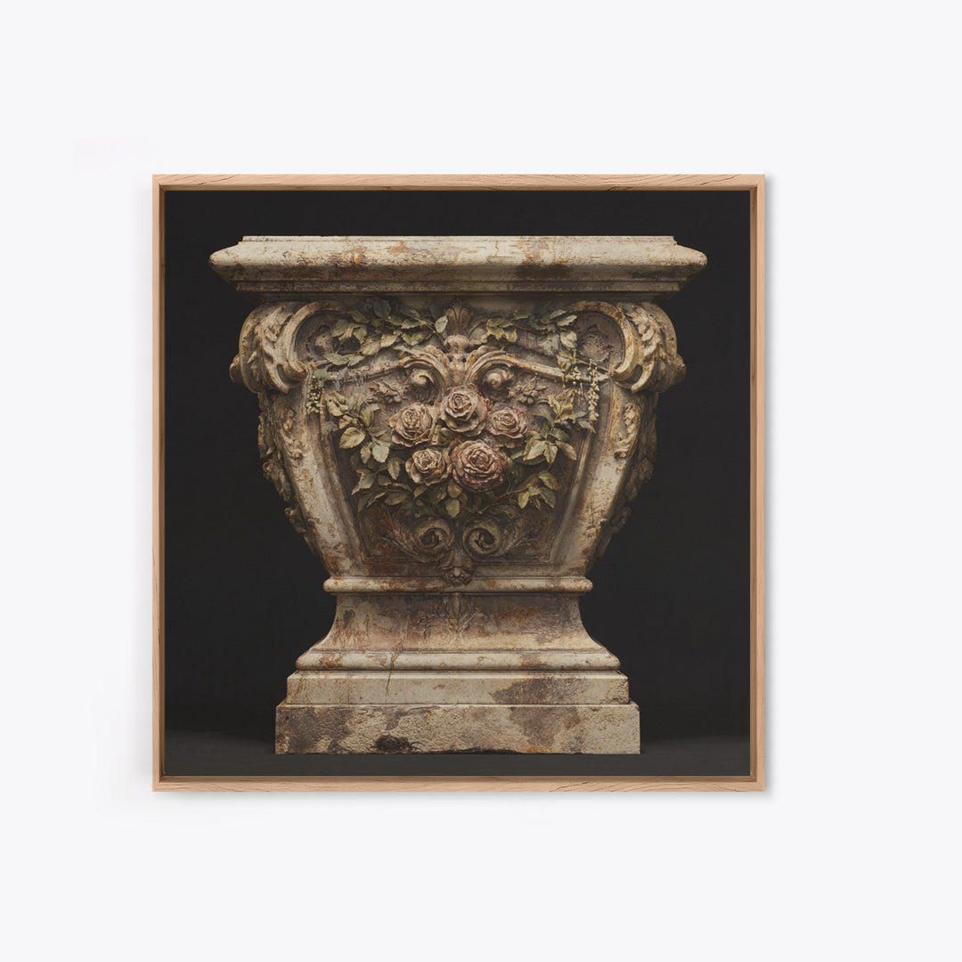 Garden Urn with Roses and Ivy Framed Canvas Print, Traditional Art, Art, Living Room Decor, Oil Painting, Classic, TRA-1x1-48