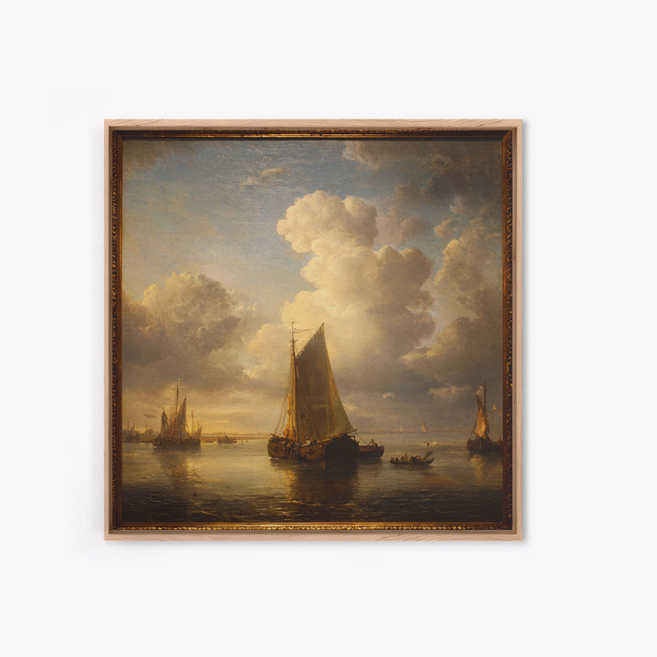Seascape with Sailboats and Cloudy Sky Framed Canvas Print, Traditional Art, Textured Painting, Living Room Decor, Classic, TRA-1x1-53