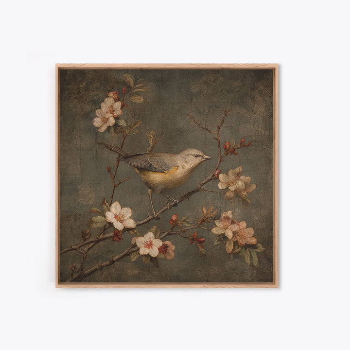 Bird Study on a Flowering Branch Framed Canvas Print, Traditional Art, Pokemon Poster, Living Room Decor, Fine Art, Classic, TRA-1x1-58