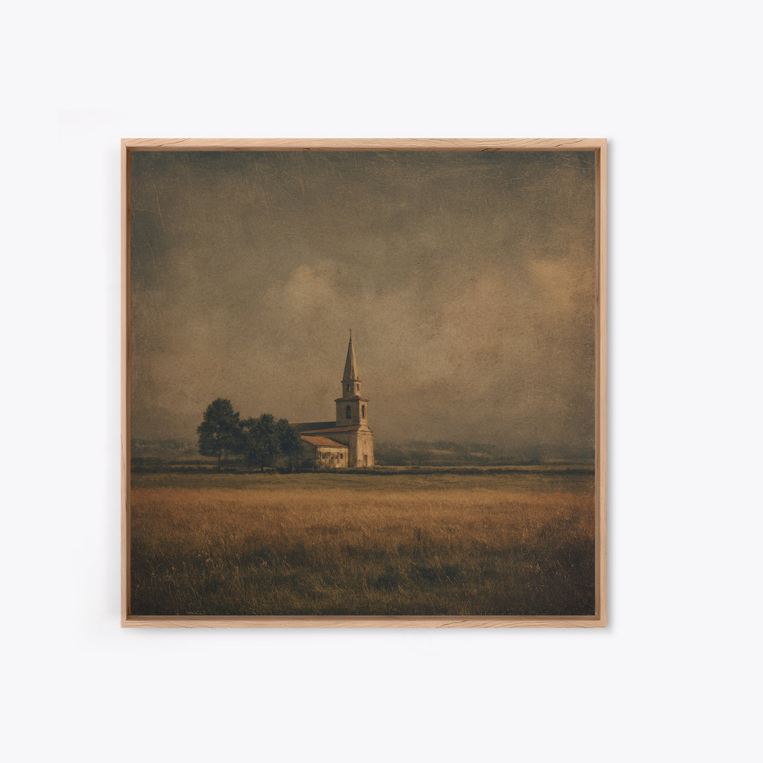 Church Steeple Across Rural Meadow Framed Canvas Print, Traditional Art, Boho Decor, Living Room Decor, Fine Art, Classic, TRA-1x1-61