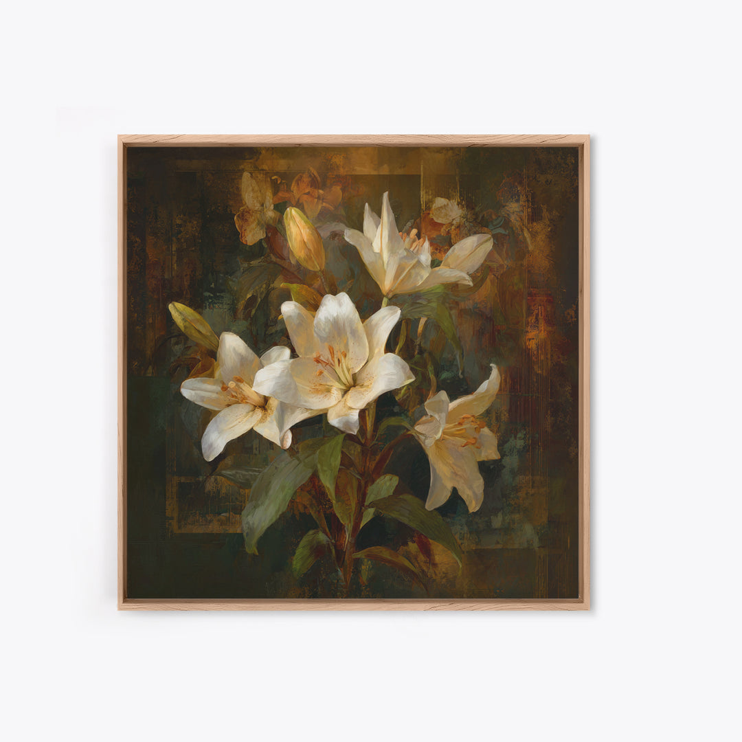 White Lilies on Dark Background Framed Canvas Print, Traditional Art, Neutral Decor, Living Room Decor, Fine Art, Classic, TRA-1x1-63