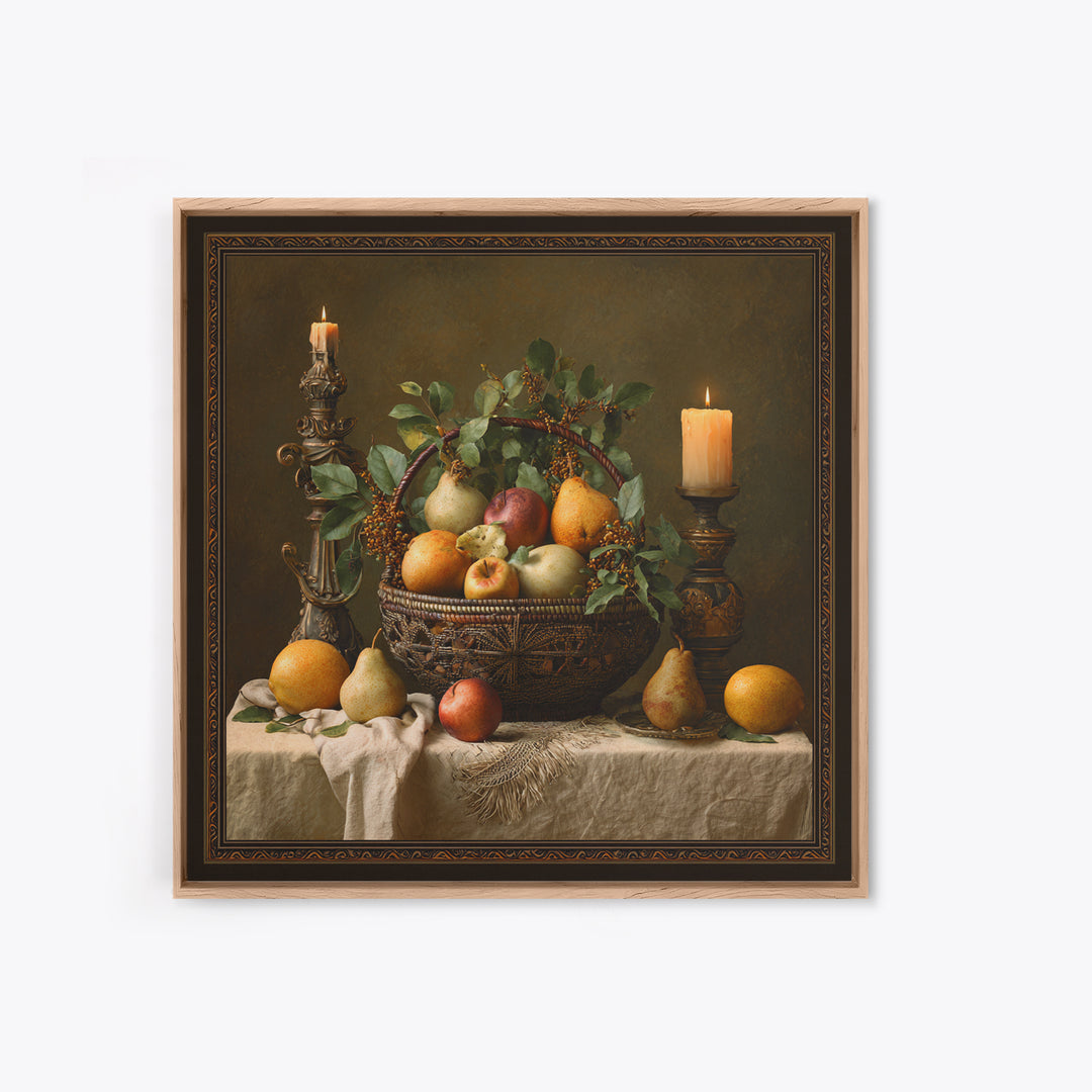 Basket of Apples and Pears on Linen Framed Canvas Print, Traditional Art, Landscape, Living Room Decor, Fine Art, Classic, TRA-1x1-66