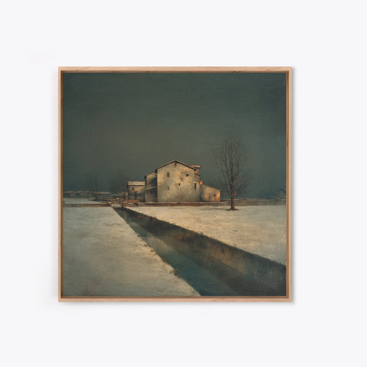 Snowy Village Landscape at Twilight Framed Canvas Print, Traditional Art, Modern Decor, Living Room Decor, Fine Art, Classic, TRA-1x1-67
