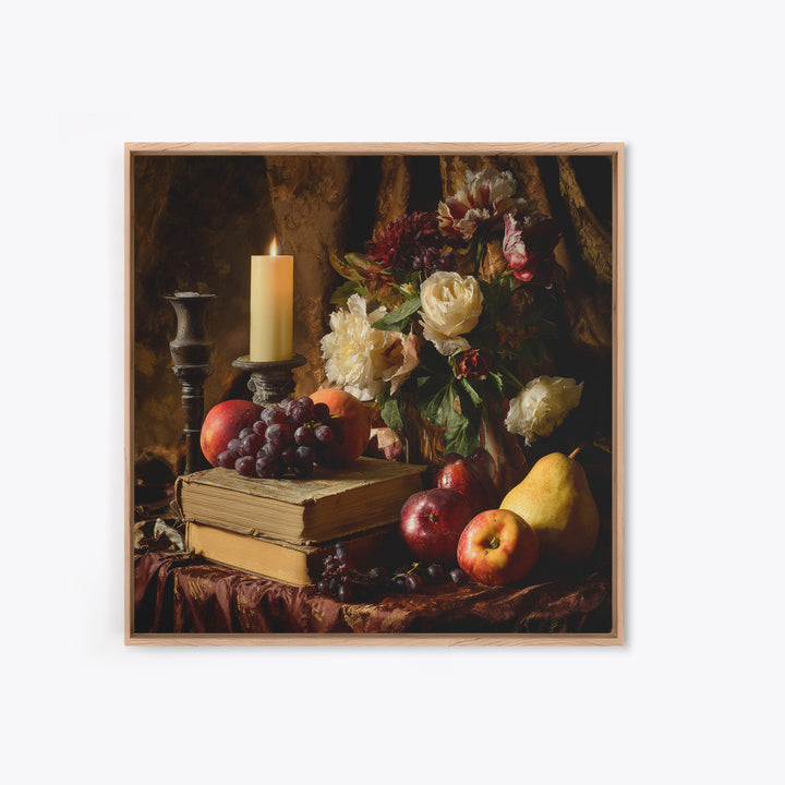 Still Life of Books Candle and Fruit Framed Canvas Print, Traditional Art, Watercolor Art, Living Room Decor, Fine Art, Classic, TRA-1x1-68