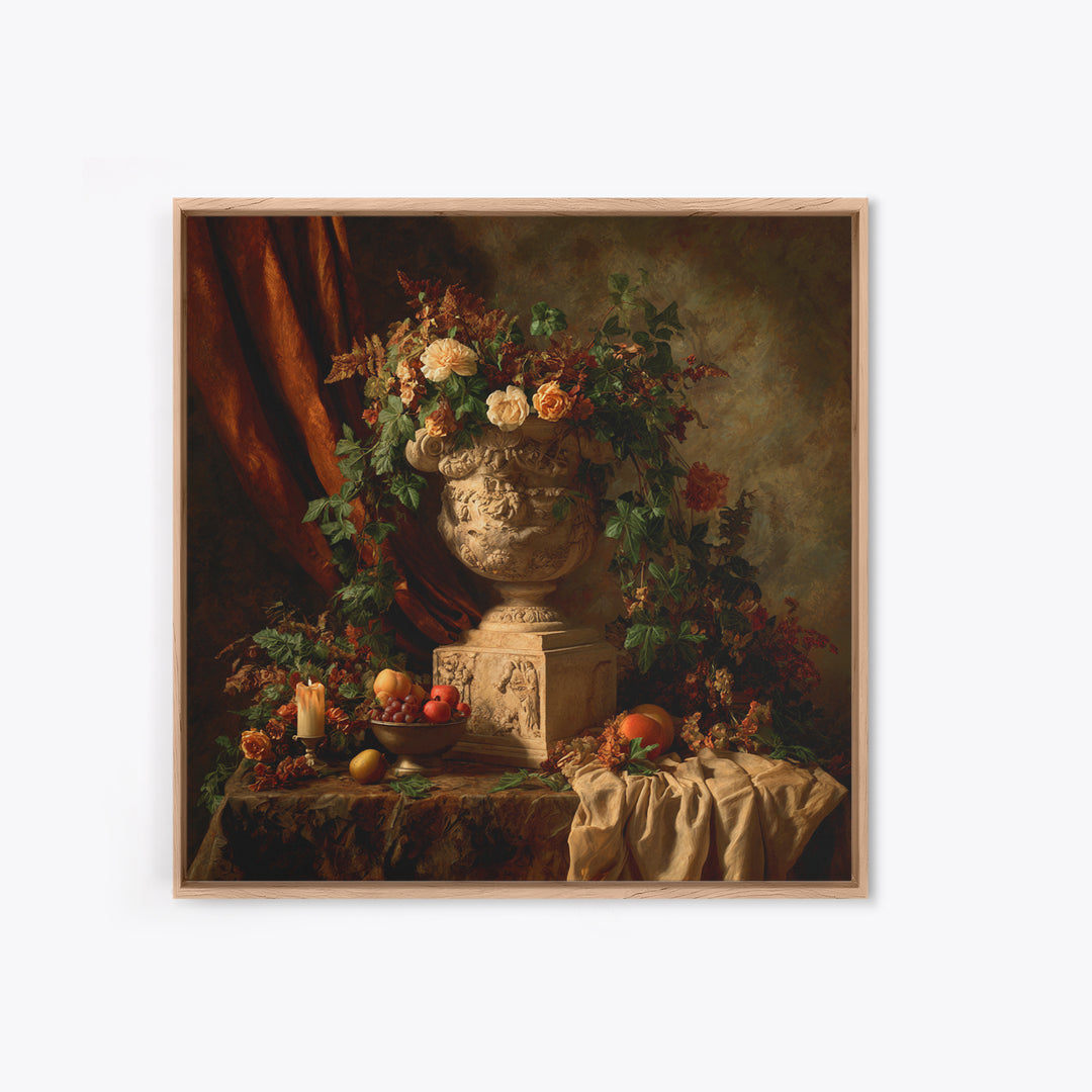 Garden Urn with Roses and Ivy Framed Canvas Print, Traditional Art, Landscape, Living Room Decor, Fine Art, Classic, TRA-1x1-72
