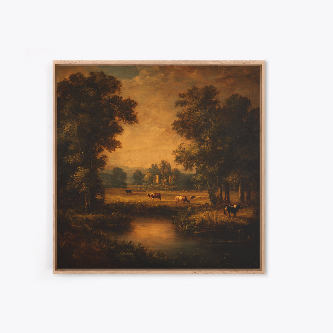 Pastoral Countryside with Cows in Field Framed Canvas Print, Traditional Art, Boho Decor, Living Room Decor, Oil Painting, TRA-1x1-79