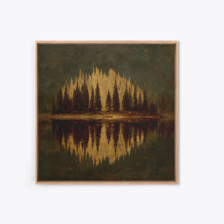 Mountain Lake with Pine Forest Reflection Canvas Print, Traditional Art, Art, Living Room Decor, Oil Painting, Classic, TRA-1x1-81