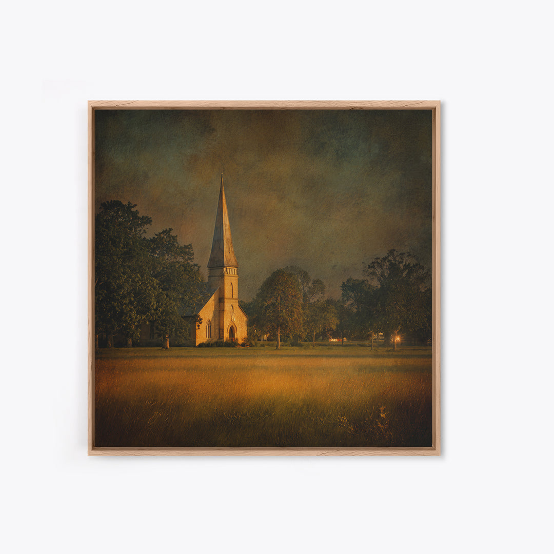 Church Steeple Across Rural Meadow Canvas Print, Traditional Art, Minimalist Decor, Living Room Decor, Oil Painting, Classic, TRA-1x1-85