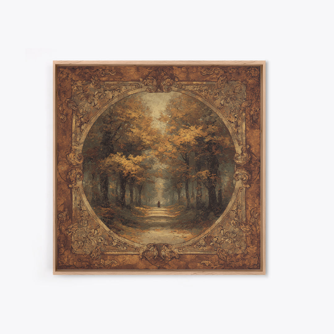 Autumn Forest Road Framed Canvas Print, Traditional Art, Minimalist Decor, Living Room Decor, Oil Painting, Classic, Boho, TRA-1x1-88