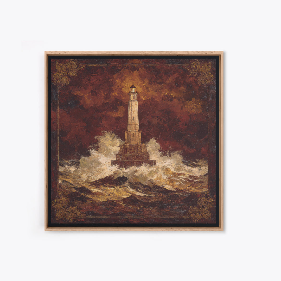 Lighthouse with Crashing Waves Framed Canvas Print, Traditional Art, Wall Art, Living Room Decor, Oil Painting, Classic, TRA-1x1-93