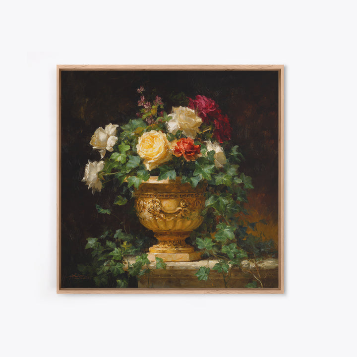 Garden Urn with Roses and Ivy Framed Canvas Print, Traditional Art, Decor, Living Room Decor, Fine Art, Classic, Japanese Art, TRA-1x1-96
