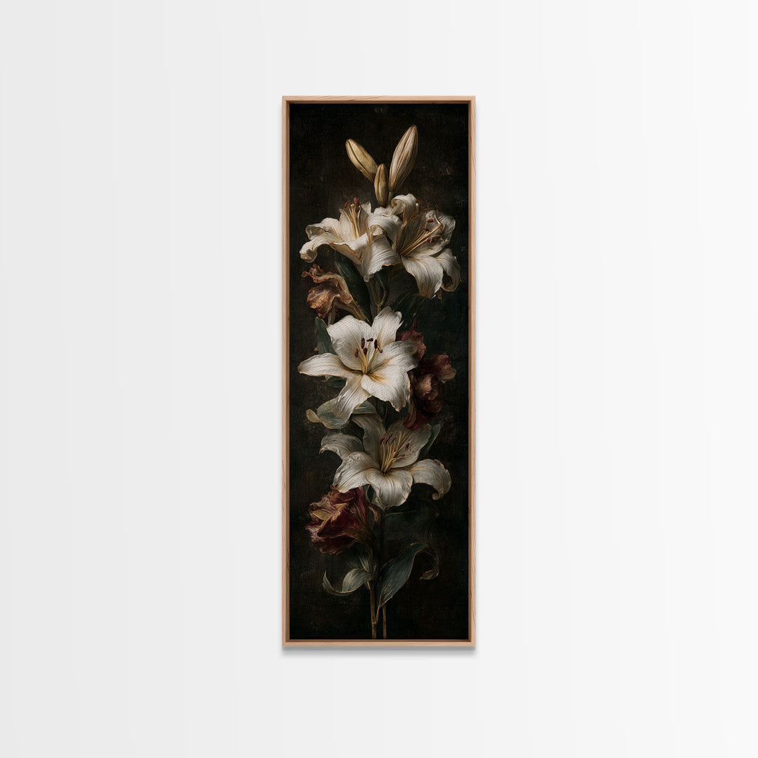 White Lilies on Dark Background Canvas Print, Traditional Art, Digital Print, Living Room Decor, Oil Painting, Classic, TRA-1x3-27