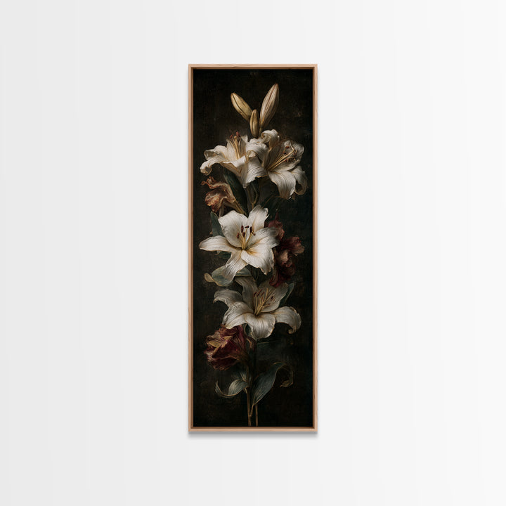 White Lilies on Dark Background Canvas Print, Traditional Art, Digital Print, Living Room Decor, Oil Painting, Classic, TRA-1x3-27