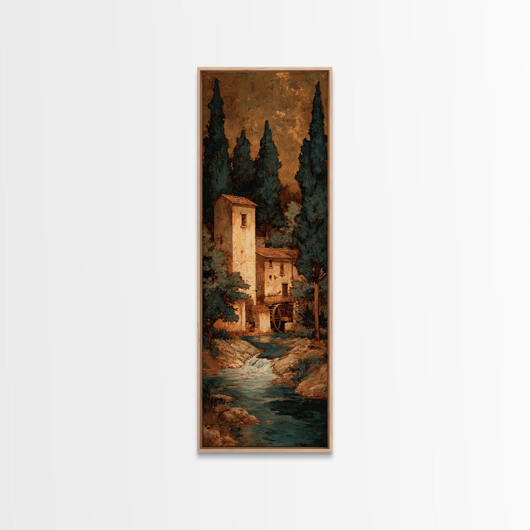 Watermill Beside a Quiet Stream Framed Canvas Print, Traditional Art, Textured Painting, Living Room Decor, Fine Art, Classic, TRA-1x3-29