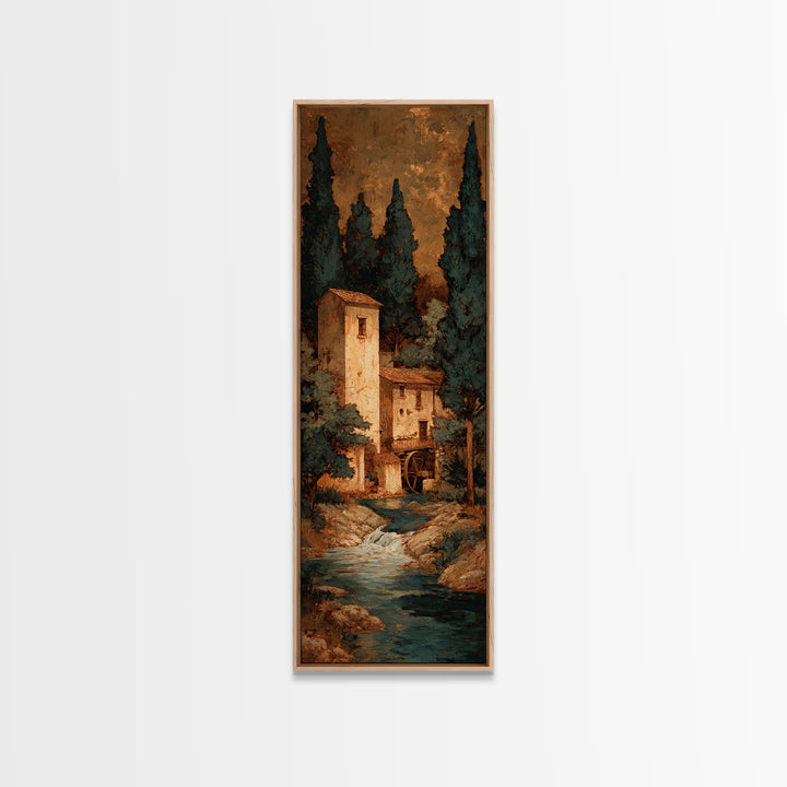 Watermill Beside a Quiet Stream Framed Canvas Print, Traditional Art, Textured Painting, Living Room Decor, Fine Art, Classic, TRA-1x3-29