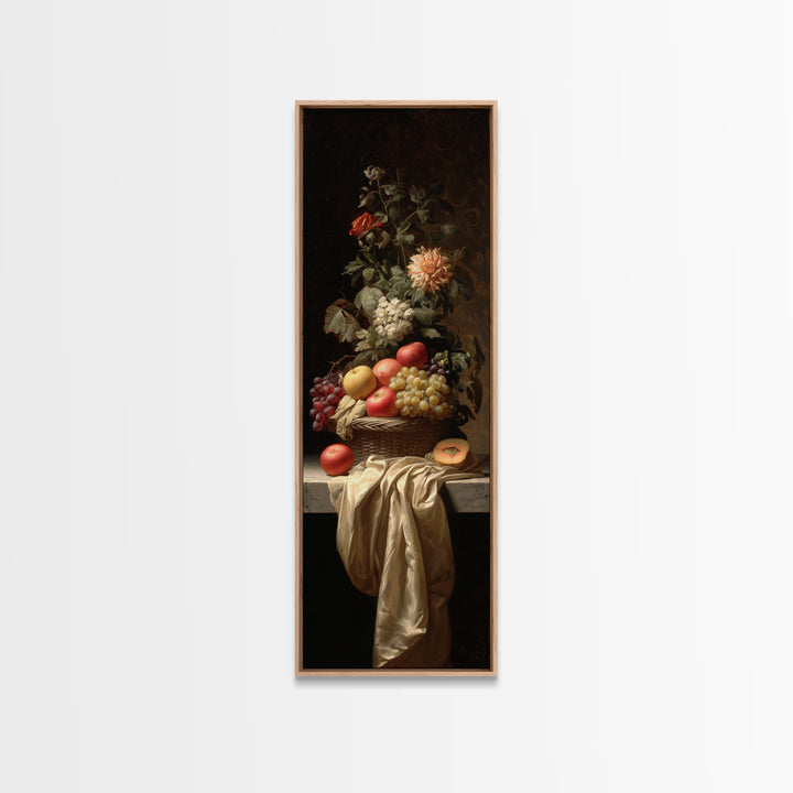 Basket of Apples and Pears on Linen Framed Canvas Print, Traditional Art, Dark Art, Living Room Decor, Abstract Art, Classic, TRA-1x3-30