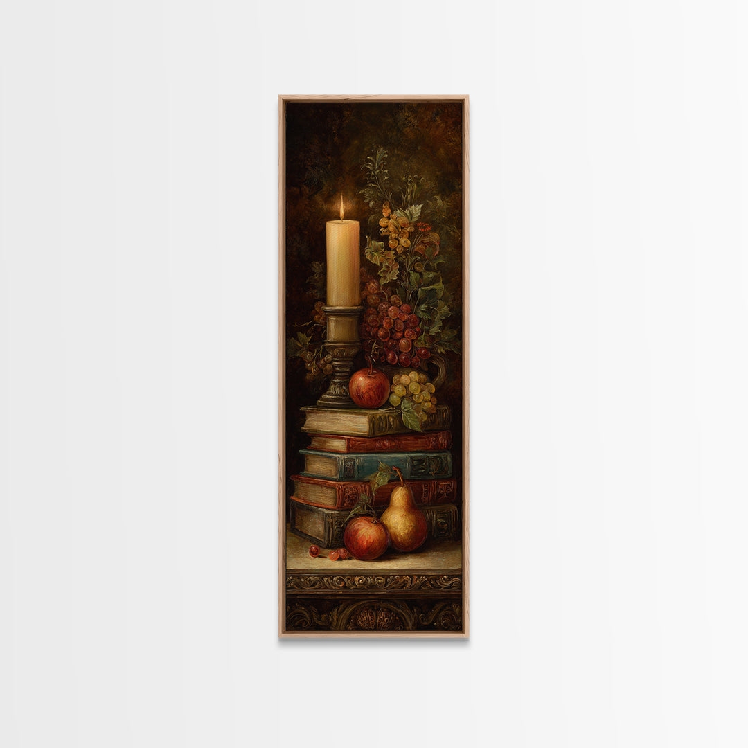 Still Life of Books Candle and Fruit Canvas Print, Traditional Art, Painting, Living Room Decor, Classic, Art Commissions, TRA-1x3-32