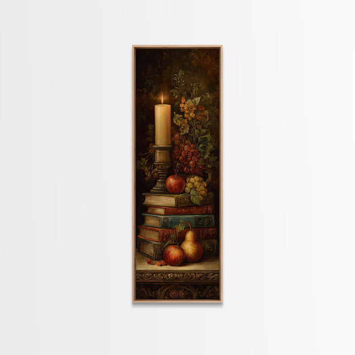 Still Life of Books Candle and Fruit Canvas Print, Traditional Art, Painting, Living Room Decor, Classic, Art Commissions, TRA-1x3-32