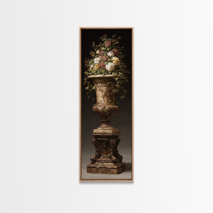 Garden Urn with Roses and Ivy Framed Canvas Print, Traditional Art, Decor, Living Room Decor, Fine Art, Classic, Japanese Art, TRA-1x3-36